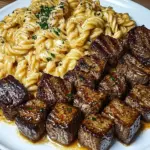 Bouchées de Steak au Beurre à l'Ail avec Pâtes Torsadées à l'Alfredo Cajun Épicé