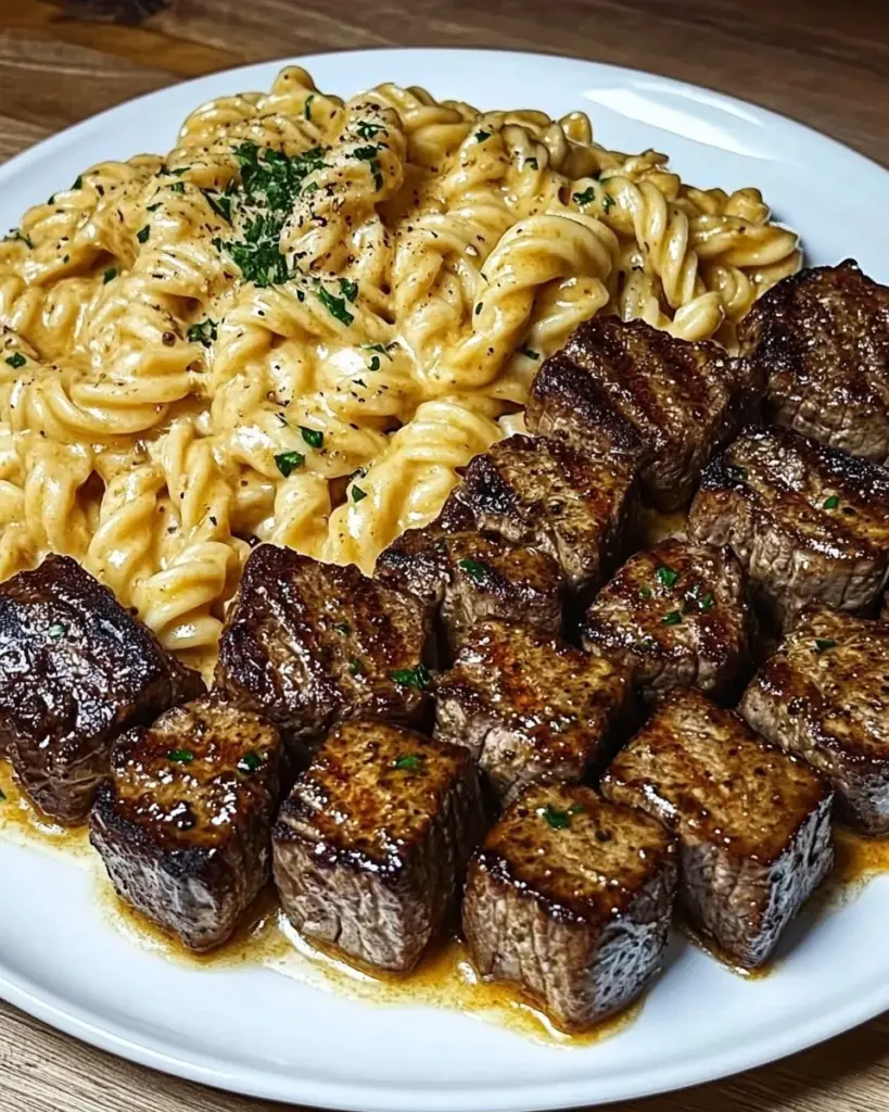 Bouchées de Steak au Beurre à l'Ail avec Pâtes Torsadées à l'Alfredo Cajun Épicé