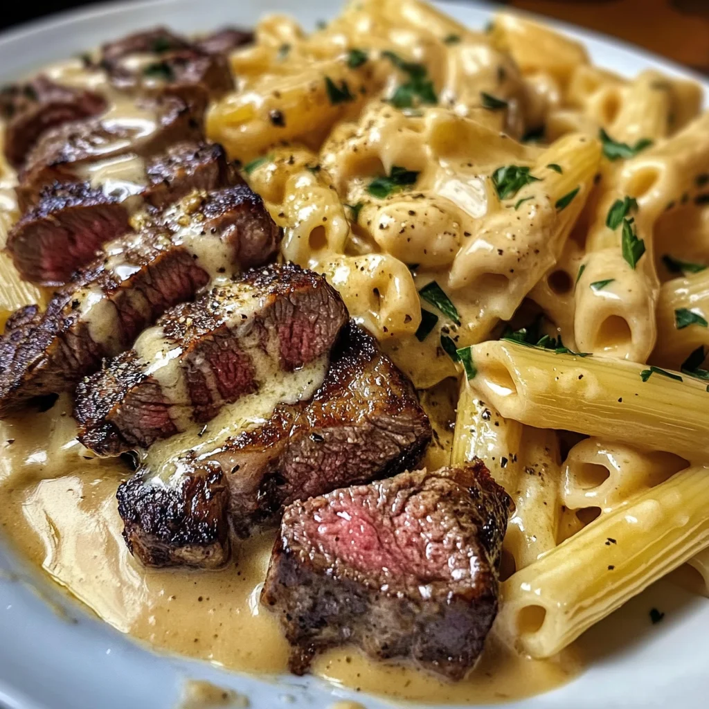 Bouchées de Steak au Beurre à l'Ail avec Penne Crémeux au Velveeta et Mozzarella