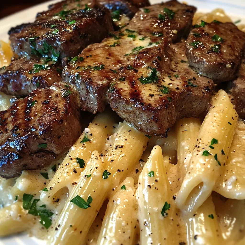 Bouchées de Steak au Beurre à l'Ail avec Penne dans une Sauce à la Mozzarella