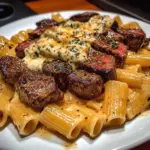 Bouchées de steak au beurre à l'ail avec rigatoni à la mozzarella