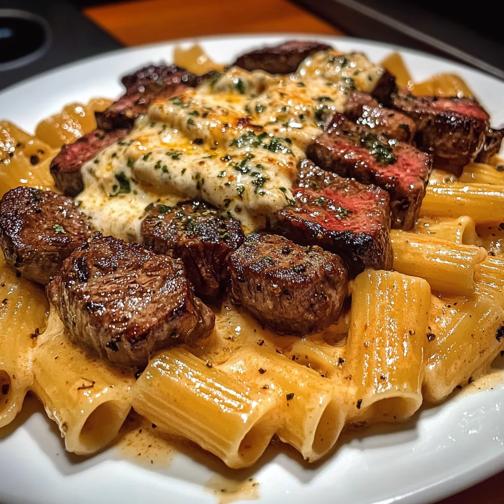 Bouchées de steak au beurre à l'ail avec rigatoni à la mozzarella