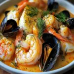 Cassolette de Poissons et Fruits de Mer, Sauce Crémeuse au vinaigre de cidre Blanc, Safran et Aneth