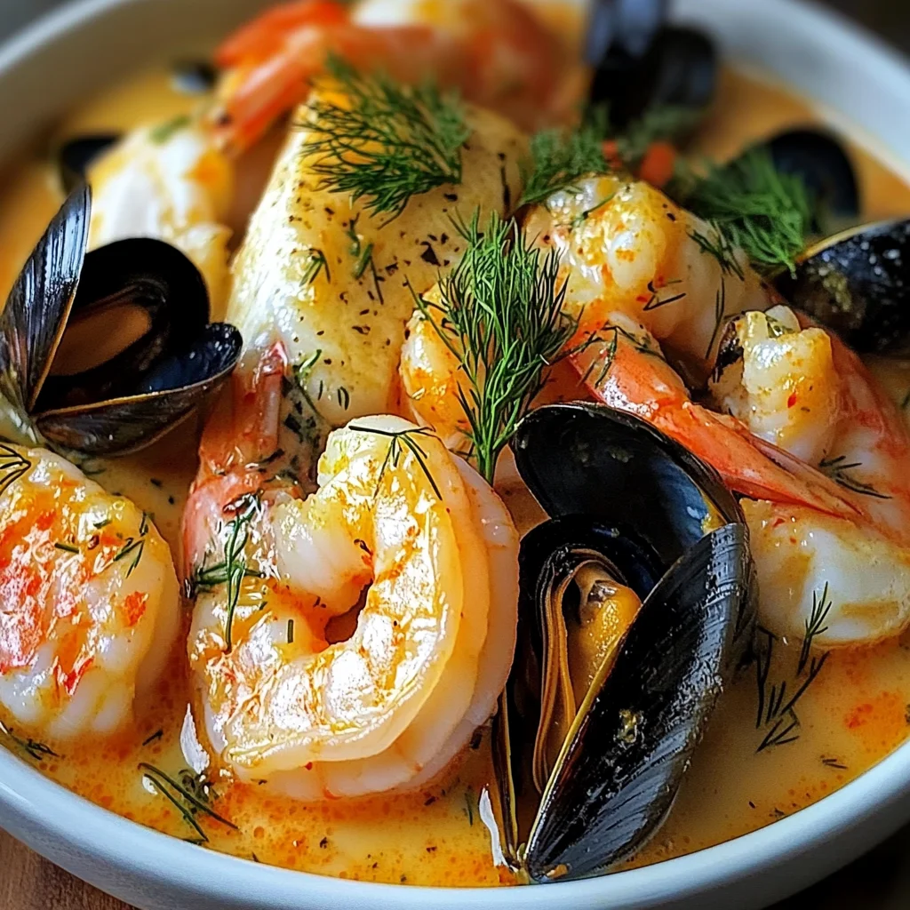 Cassolette de Poissons et Fruits de Mer, Sauce Crémeuse au vinaigre de cidre Blanc, Safran et Aneth