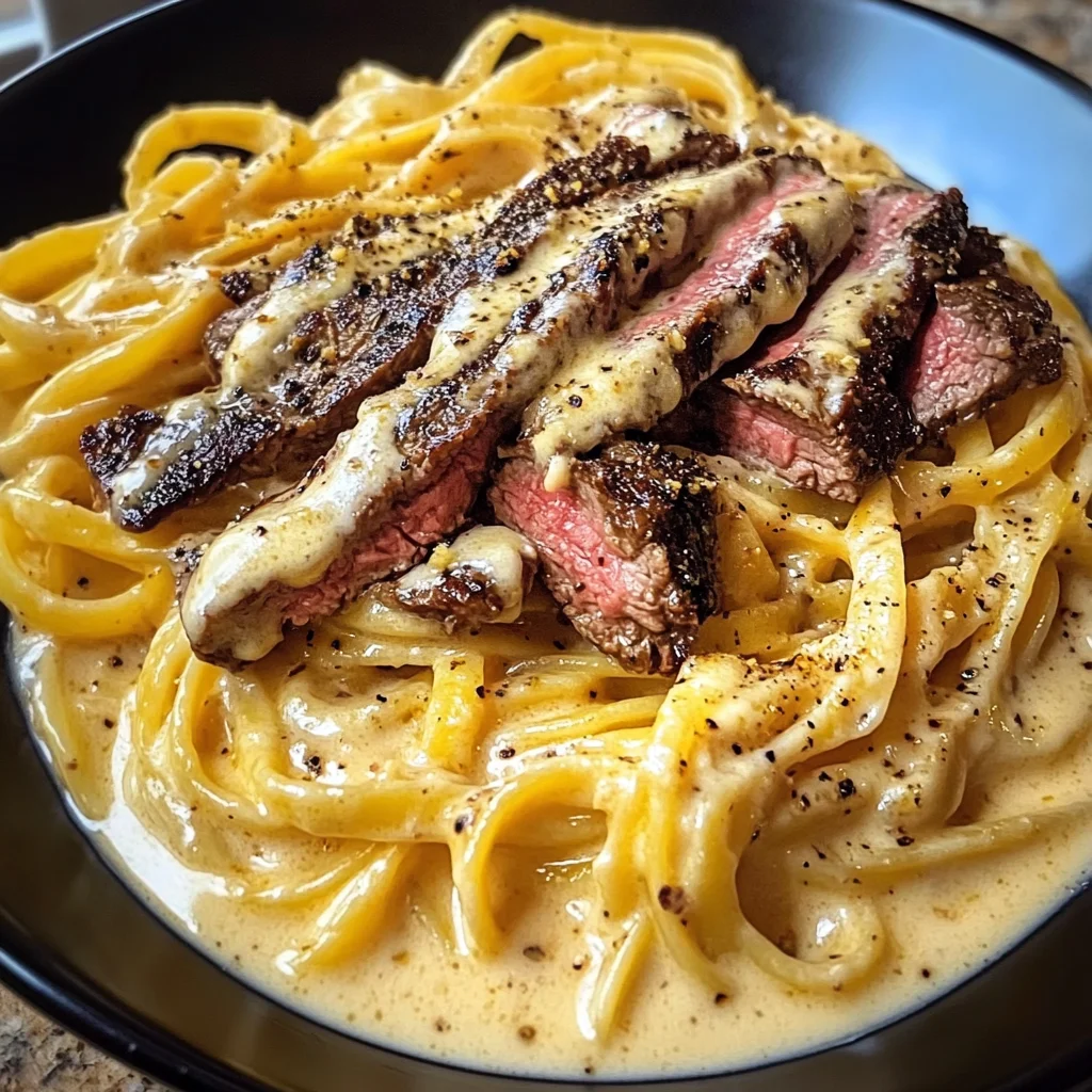 Linguine Crémeuse au Cheddar Épicé avec Lamelles de Steak à l'Ail et au Beurre