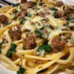 Linguine au Beurre à l'Ail et au Fromage avec Bœuf, Saucisse et Épinards