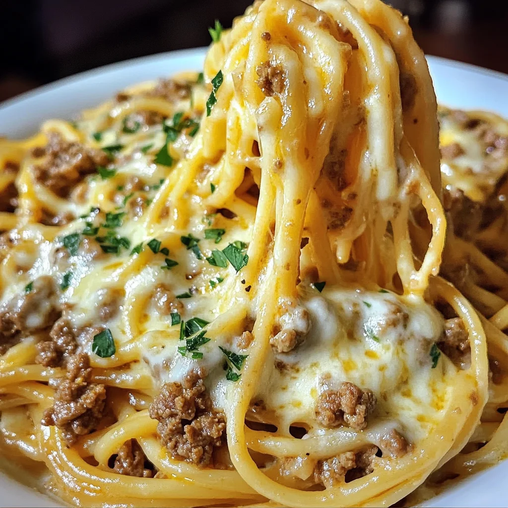 Linguine aux Quatre Fromages et Boeuf Haché en Sauce Crémeuse à l'Ail