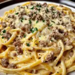 Linguine crémeux au bœuf avec Alfredo au beurre à l'ail et au fromage