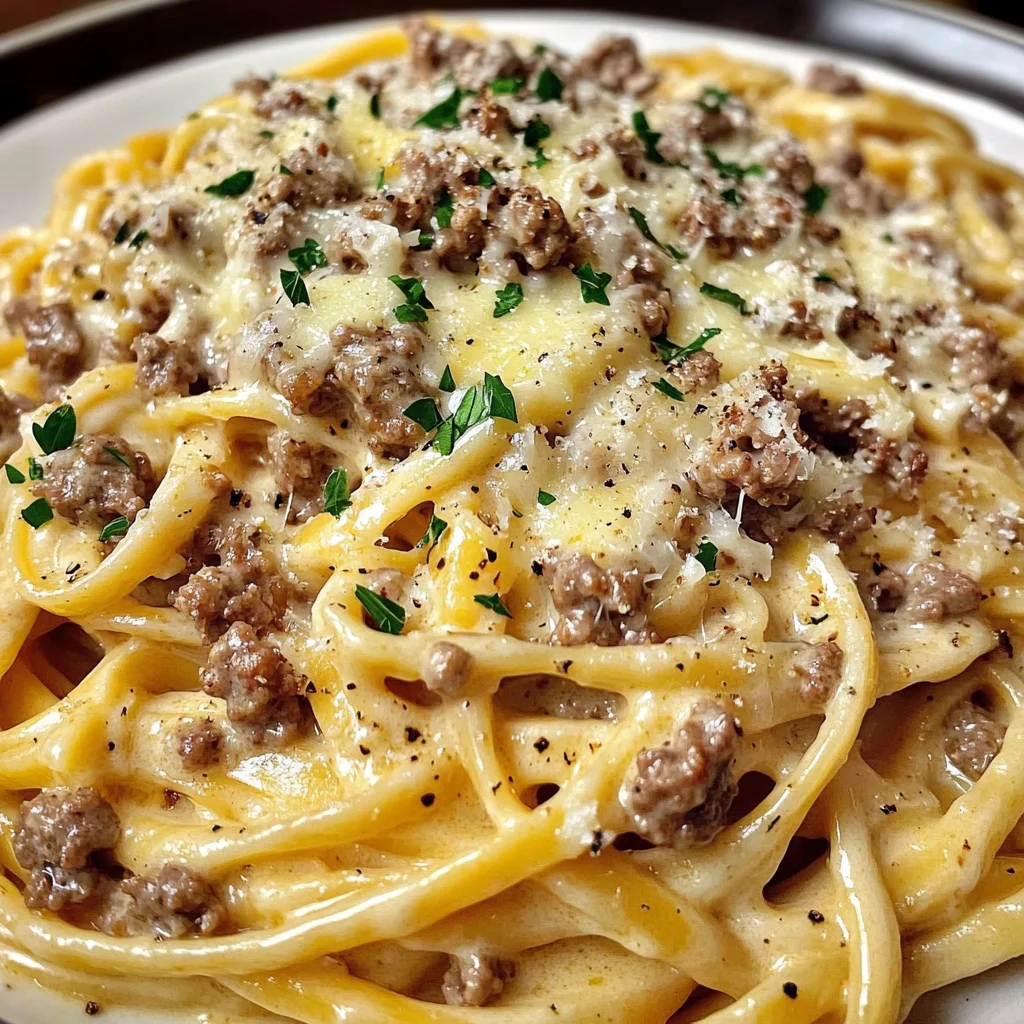 Linguine crémeux au bœuf avec Alfredo au beurre à l'ail et au fromage