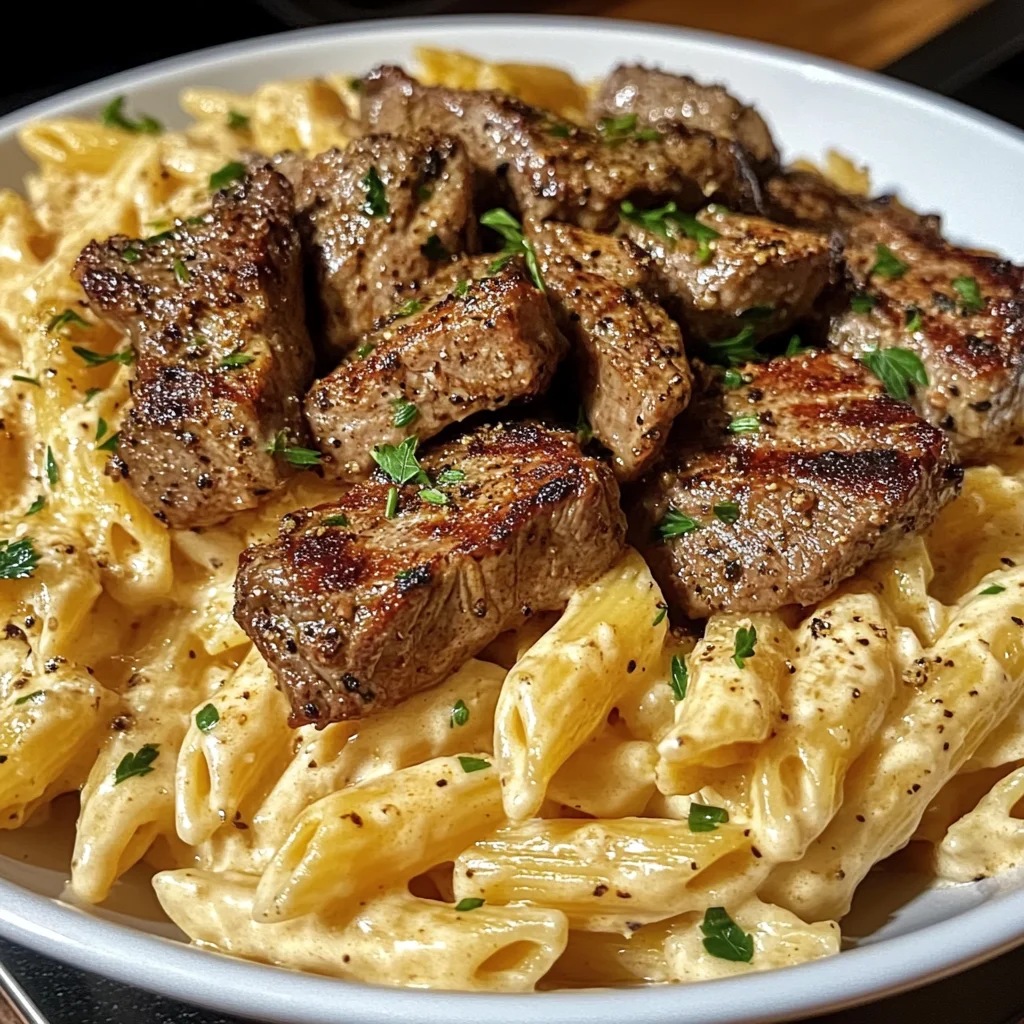 Penne Parmesan Crémeuses avec Steak Cajun