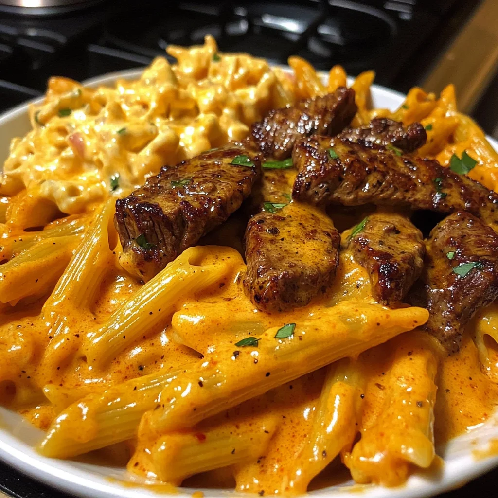 Penne crémeux au steak cajun dans une sauce au fromage