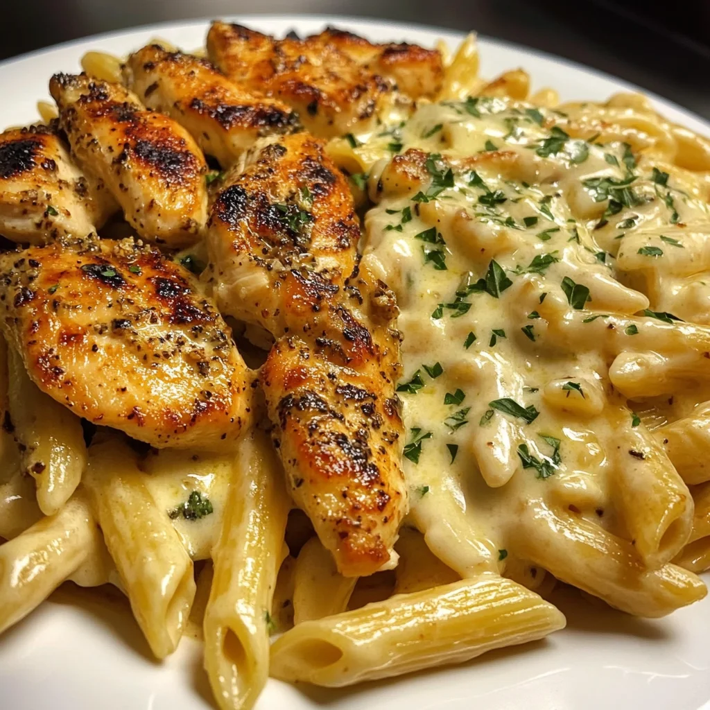 Poulet à l'Ail et au Beurre avec Penne au Fromage Mozzarella Alfredo