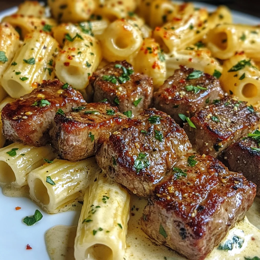 Rigatoni Crémeux à la Mozzarella avec Bouchées de Steak au Beurre à l'Ail