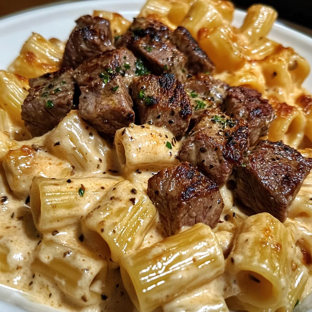 Rigatonis au Steak et Sauce Parmesan Crémeuse