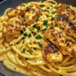 Spaghetti au Poulet Crémeux au Cheddar, à l'Ail et au Parmesan