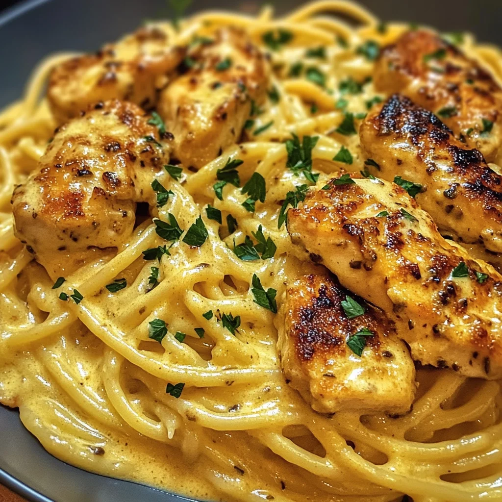 Spaghetti au Poulet Crémeux au Cheddar, à l'Ail et au Parmesan