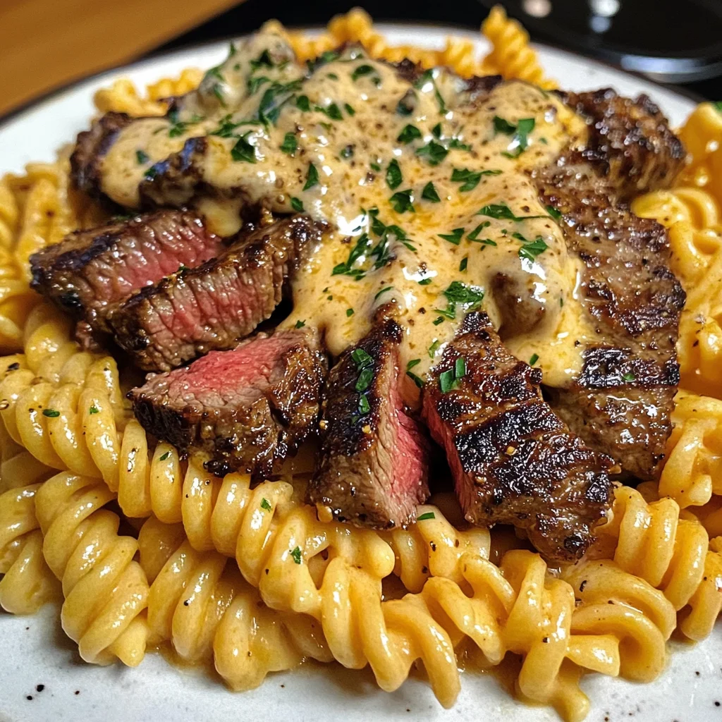 Steak au Beurre à l'Ail Cajun avec Pâtes Crémeuses aux Quatre Fromages