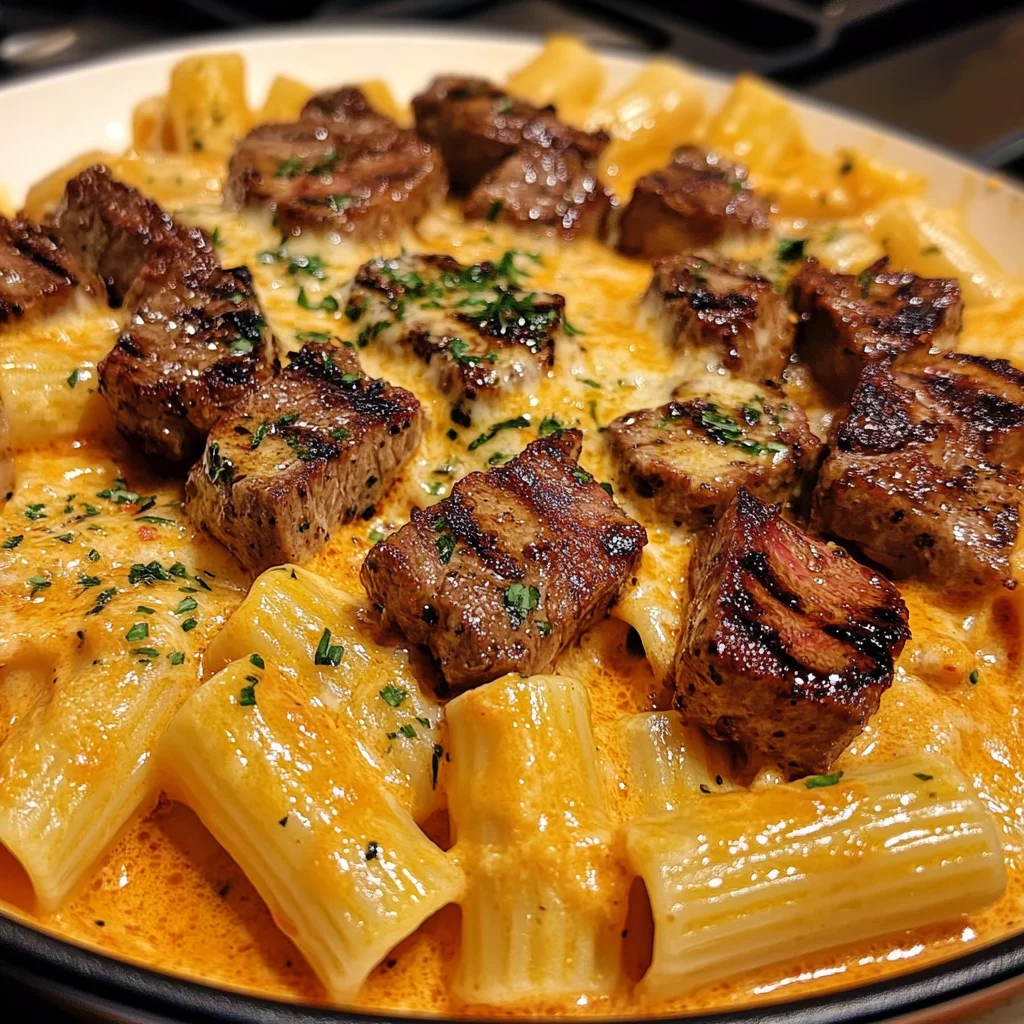 Steak au Beurre à l'Ail Cajun avec Rigatoni au Cheddar Épicé