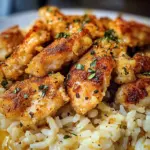 Bouchées de Poulet Croustillantes avec Riz Crémeux à l'Ail et au Parmesan