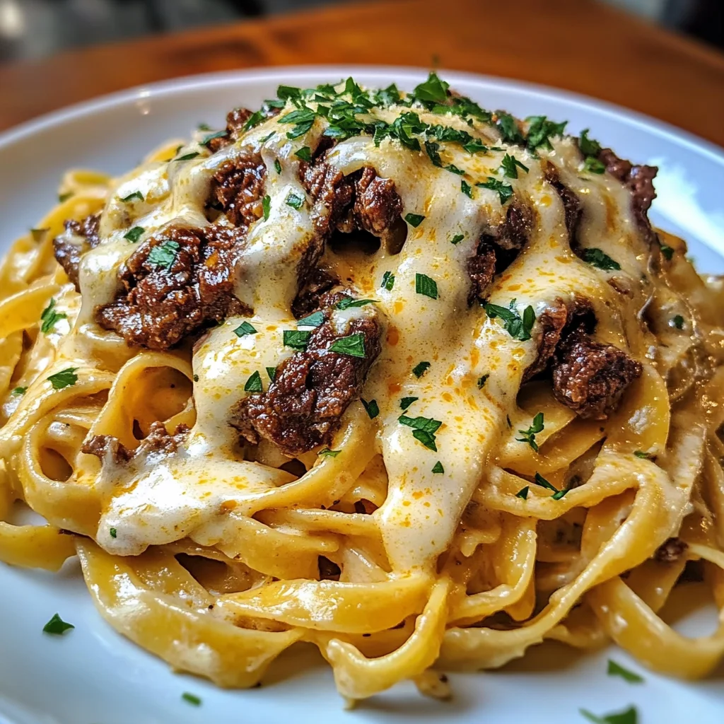 Fettuccine de Boeuf à l'Ail Épicé dans une Sauce Crémeuse au Provolone