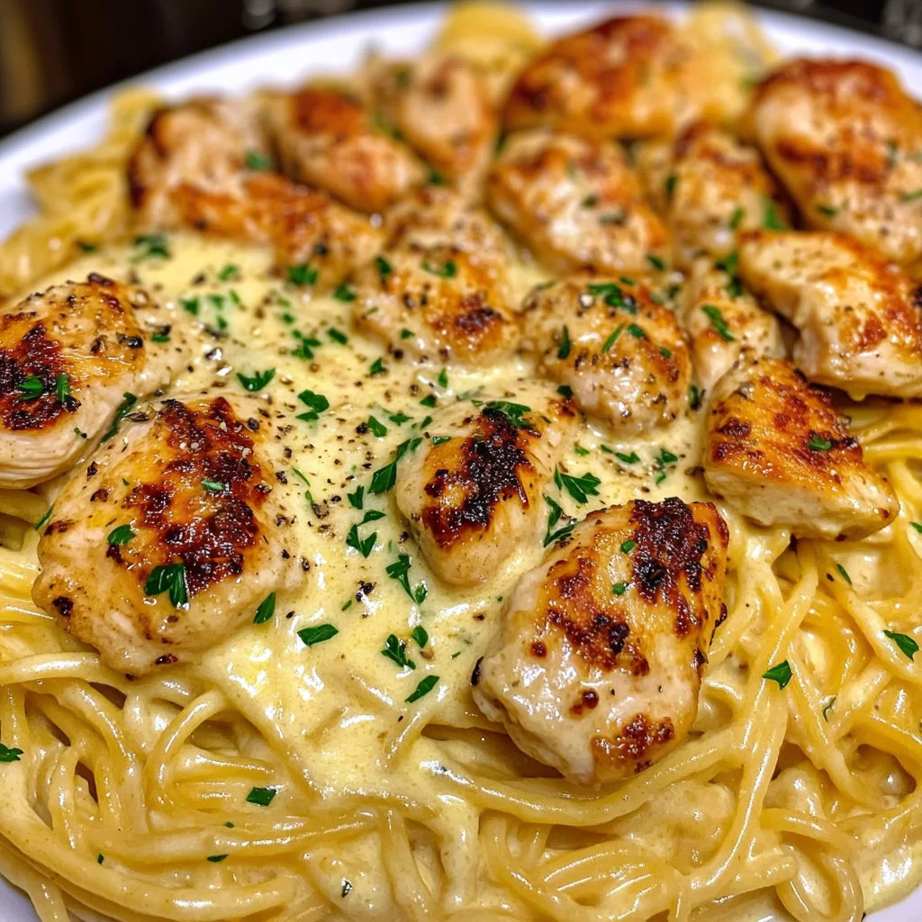 Linguine Crémeux au Poulet avec Sauce au Cheddar, Parmesan et Ail