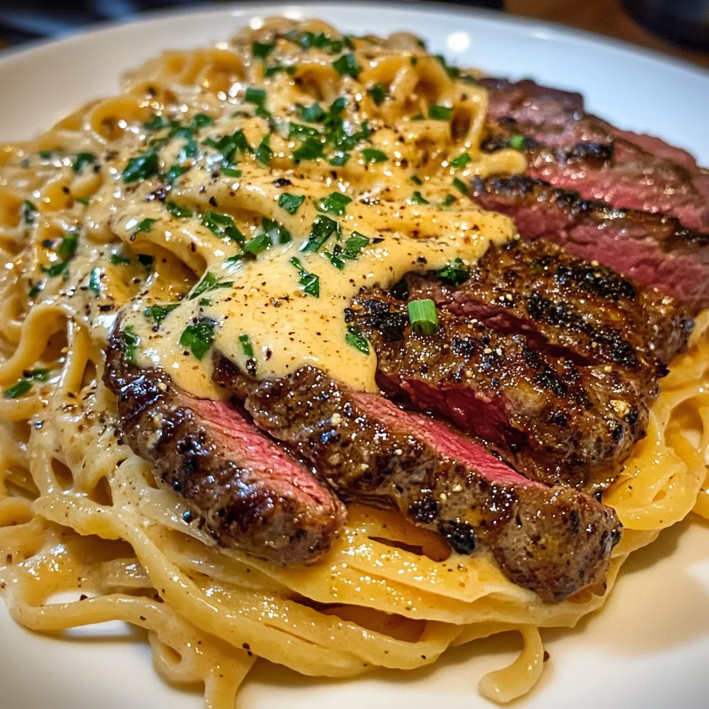 Linguine au Steak Cajun Fromage dans une Sauce Crémeuse au Beurre à l'Ail Épicé
