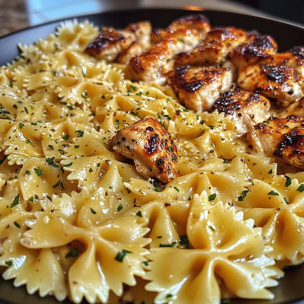 Pâtes Farfalle au Poulet à l'Ail et Beurre dans une Sauce Crémeuse au Cheddar et Parmesan
