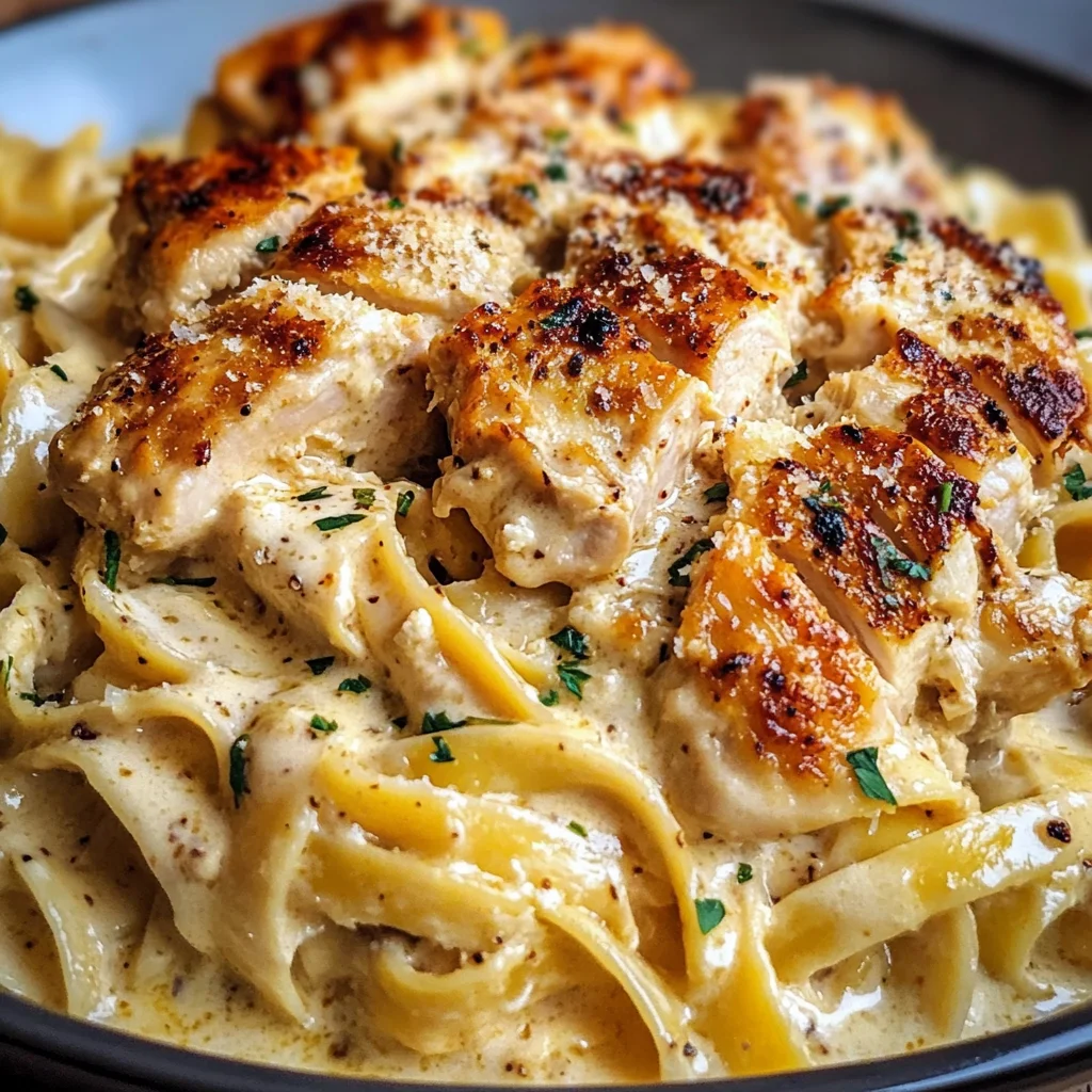 Poulet Rôti à l'Ail Beurré avec Fettuccine Crémeuse au Parmesan