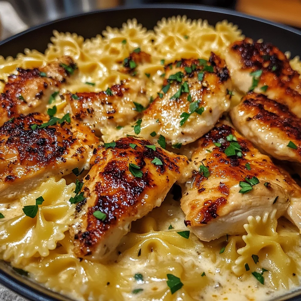Poulet à l'Ail aux Nœuds Papillon dans une Sauce Épicée au Provolone et Mozzarella