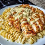 Poulet à l'Ail et au Parmesan avec Pâtes Torsadées dans une Sauce Alfredo Crémeuse