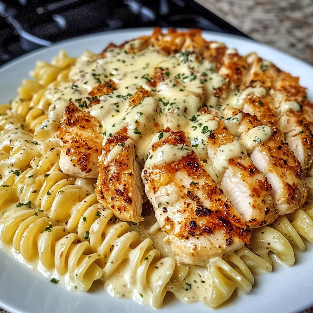 Poulet à l'Ail et au Parmesan avec Pâtes Torsadées dans une Sauce Alfredo Crémeuse