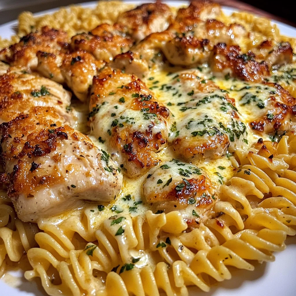 Poulet au Beurre à l'Ail avec Rotini dans une Sauce Crémeuse au Parmesan et Mozzarella