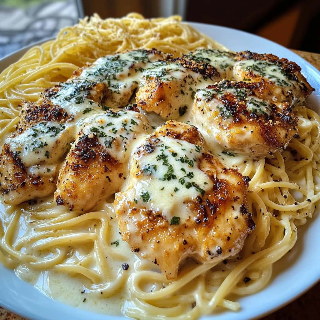 Poulet au Beurre à l'Ail avec Spaghetti dans une Crème Alfredo au Mozzarella Fondant