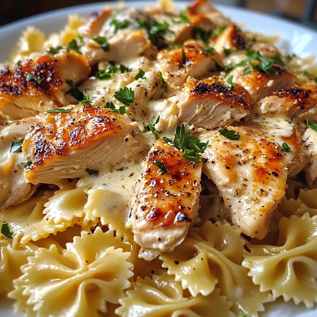 Poulet rôti à l'ail et beurre avec des pâtes farfalle à la crème de provolone