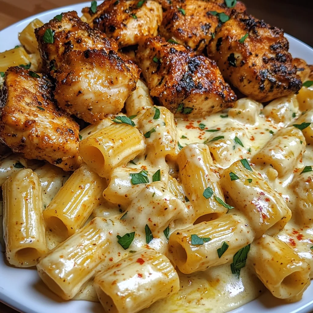 Rigatoni au Poulet au Beurre à l'Ail dans une Sauce Crémeuse aux Trois Fromages Cajun