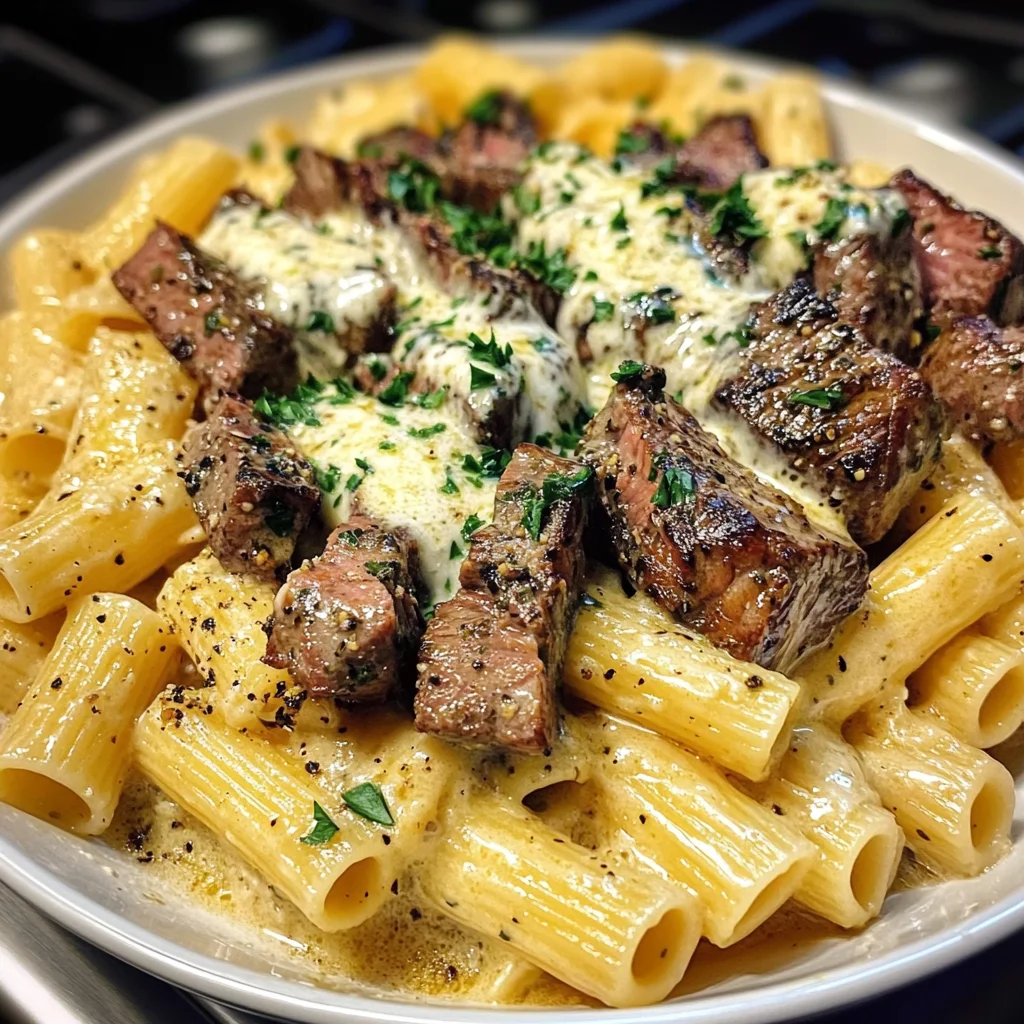 Rigatoni au Steak à l'Ail et Beurre dans une Sauce Crémeuse au Parmesan
