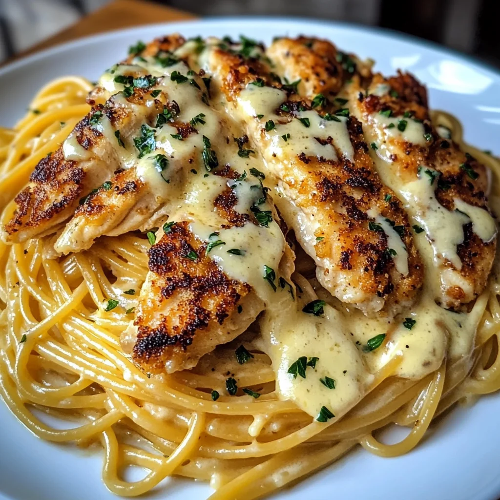 Spaghetti au Poulet avec Sauce Crémeuse aux Trois Fromages Cheddar