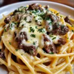 Spaghetti crémeux à l'ail et au beurre avec du bœuf parmesan