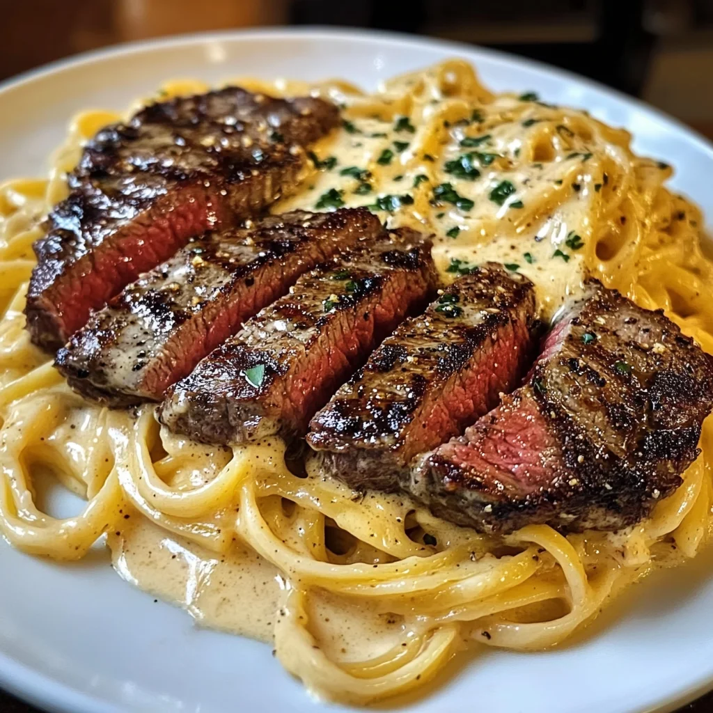Steak au Beurre à l'Ail avec Linguine Alfredo au Cheddar