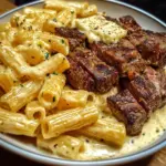 Steak au Beurre à l'Ail avec Rigatoni Alfredo au Fromage