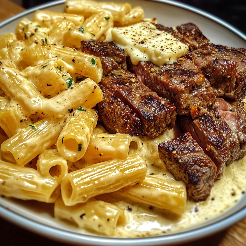 Steak au Beurre à l'Ail avec Rigatoni Alfredo au Fromage