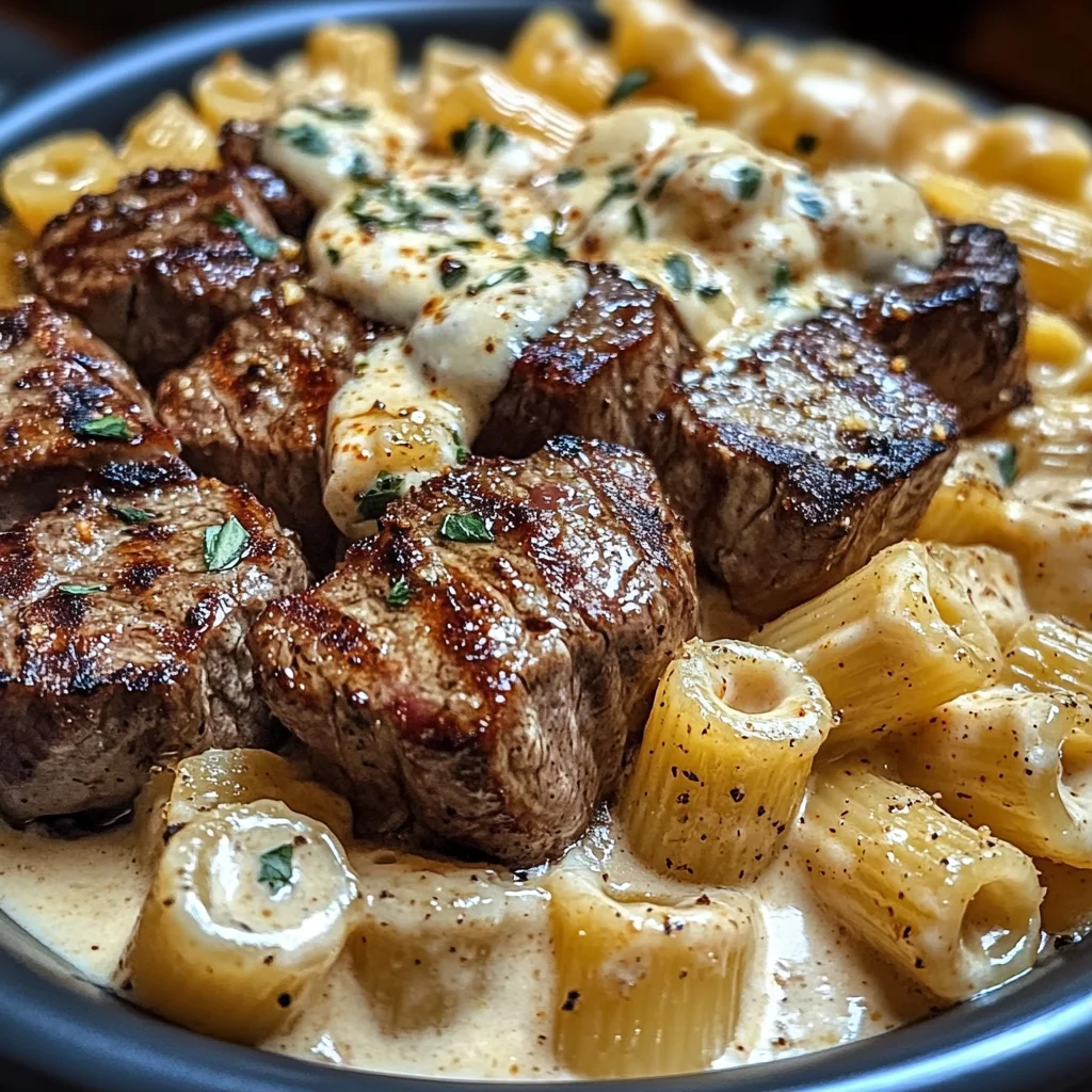 Steak au Beurre à l'Ail avec Rigatoni Crémeux